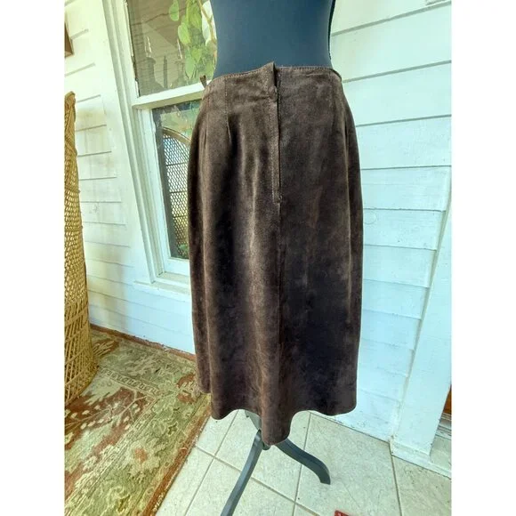 Vintage 70's Anne Fogarty Brown Suede Skirt Marked Size 14 - Picture 2 of 16